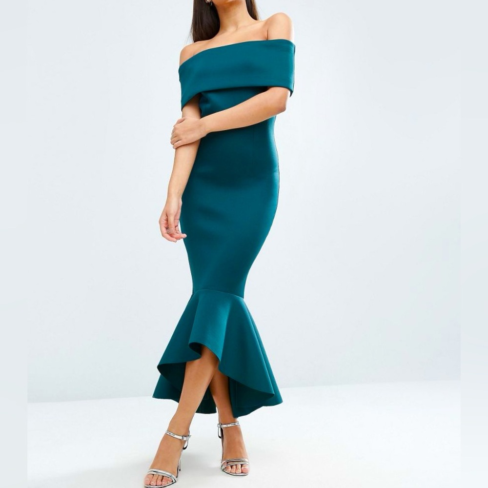 ASOS PREMIUM - GREEN DEEP FOLD OFF SHOULDER PEPLUM MIDI DRESS